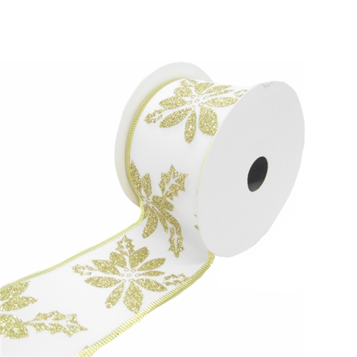 White Fabric Wired Ribbon with Gold Poinsettia Christmas Ribbon